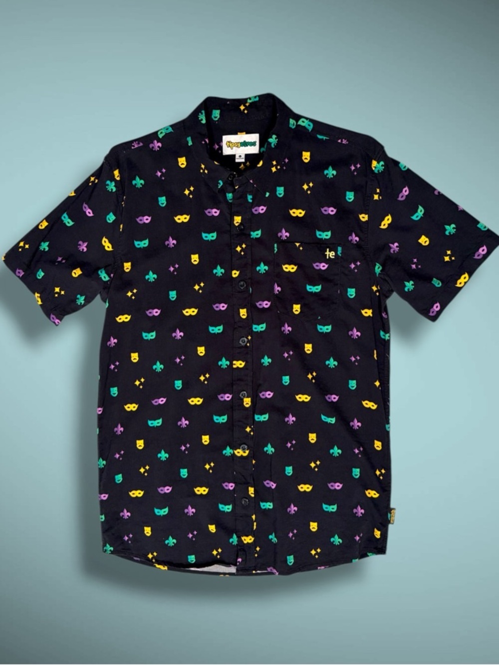 Tipsy Elves Button Up Shirt Mens L Black Mardi Gras Mask Party Festival Casual